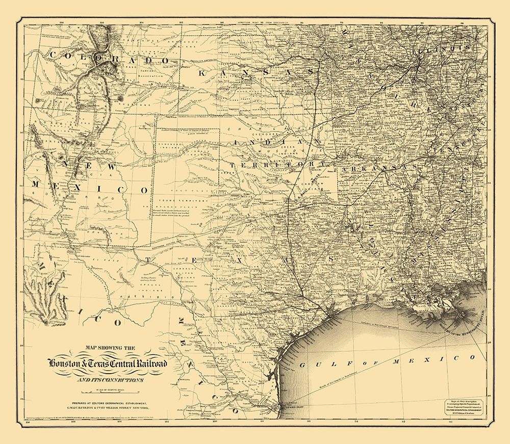 Houston and Texas Central Railroad - Colton 1867 art print by Colton for $57.95 CAD