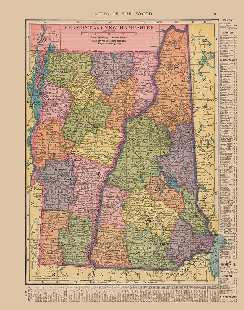 Vermont, New Hampshire - Hammond 1910 art print by Hammond for $57.95 CAD