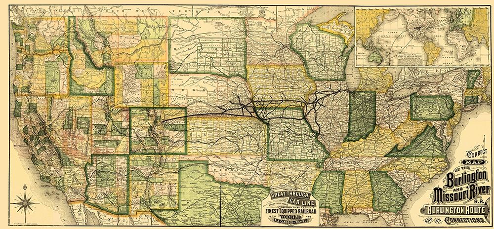 Burlington and Missouri River Railroad 1882 art print by Rand McNally for $57.95 CAD