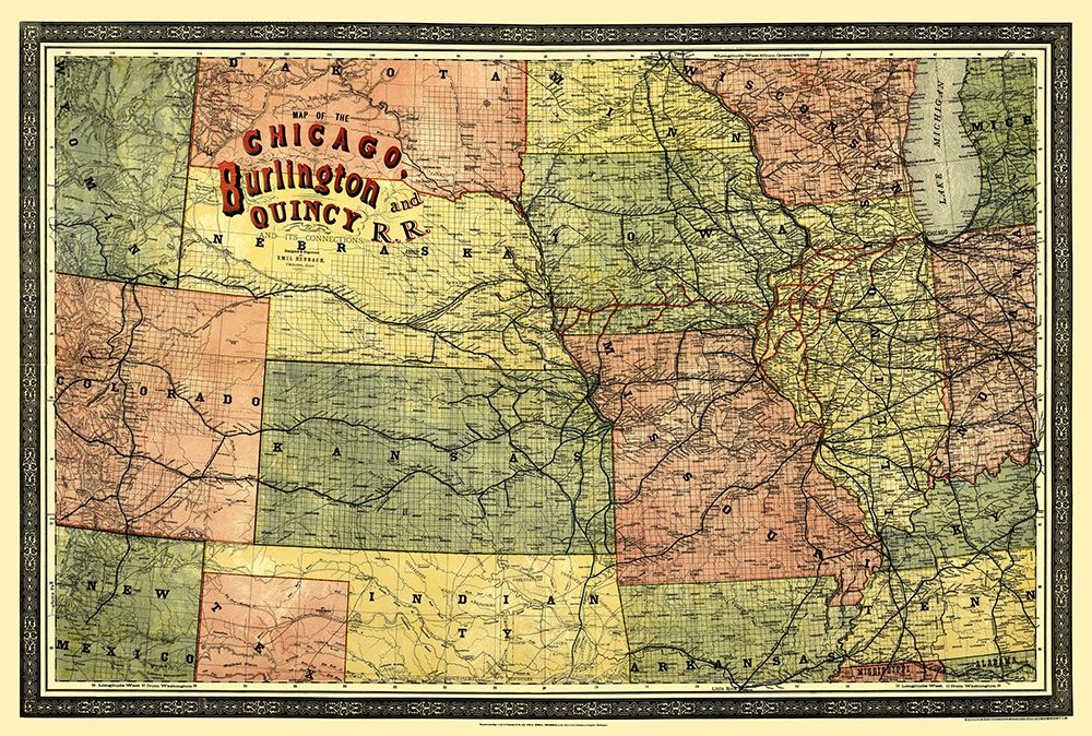 Chicago, Burlington and Quincy Railroad 1879 art print by Heubach for $57.95 CAD