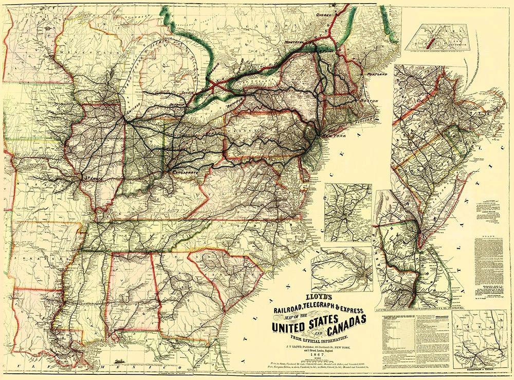 Railroads, Telegraph, Express in US, Canada 1867 art print by Lloyd for $57.95 CAD