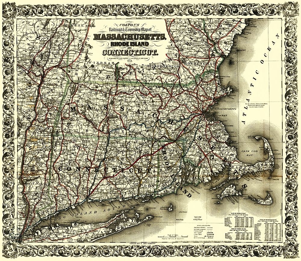 Massachusetts, Rhode Island, Connecticut 1853 art print by Colton for $57.95 CAD
