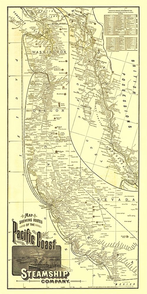 Pacific Coast Steamship Company Routes - 1891 art print by McNally for $57.95 CAD