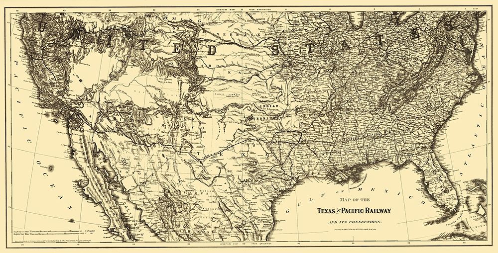 Texas and Pacific Railway - Colton 1876 art print by Colton for $57.95 CAD