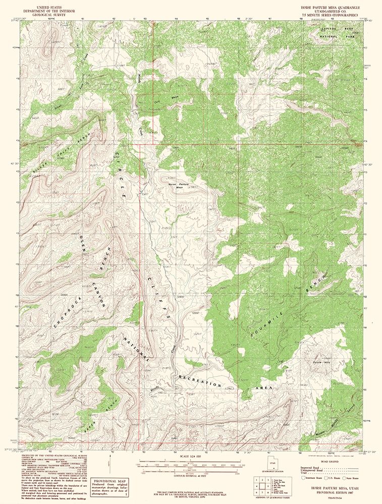 Horse Pasture Mesa Utah Quad - USGS 1987 art print by USGS for $57.95 CAD