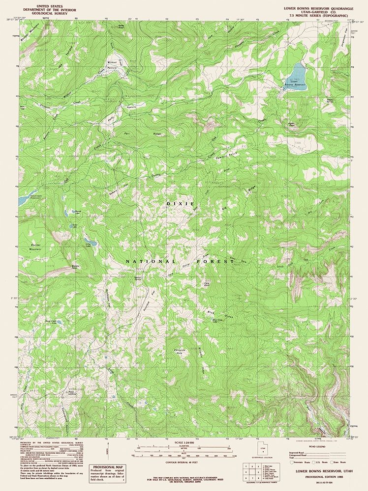 Lower Bowns Reservoir Utah Quad - USGS 1985 art print by USGS for $57.95 CAD