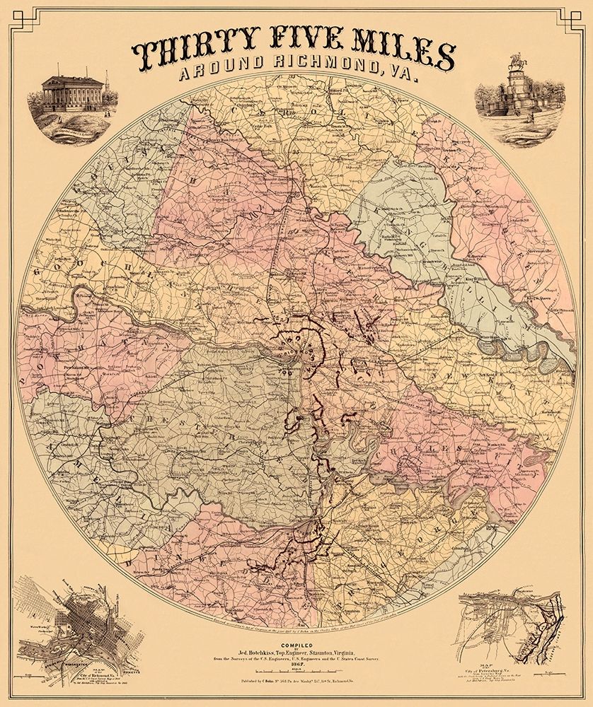 Richmond Virginia 35 Miles Around - Bohn 1867 art print by Bohn for $57.95 CAD