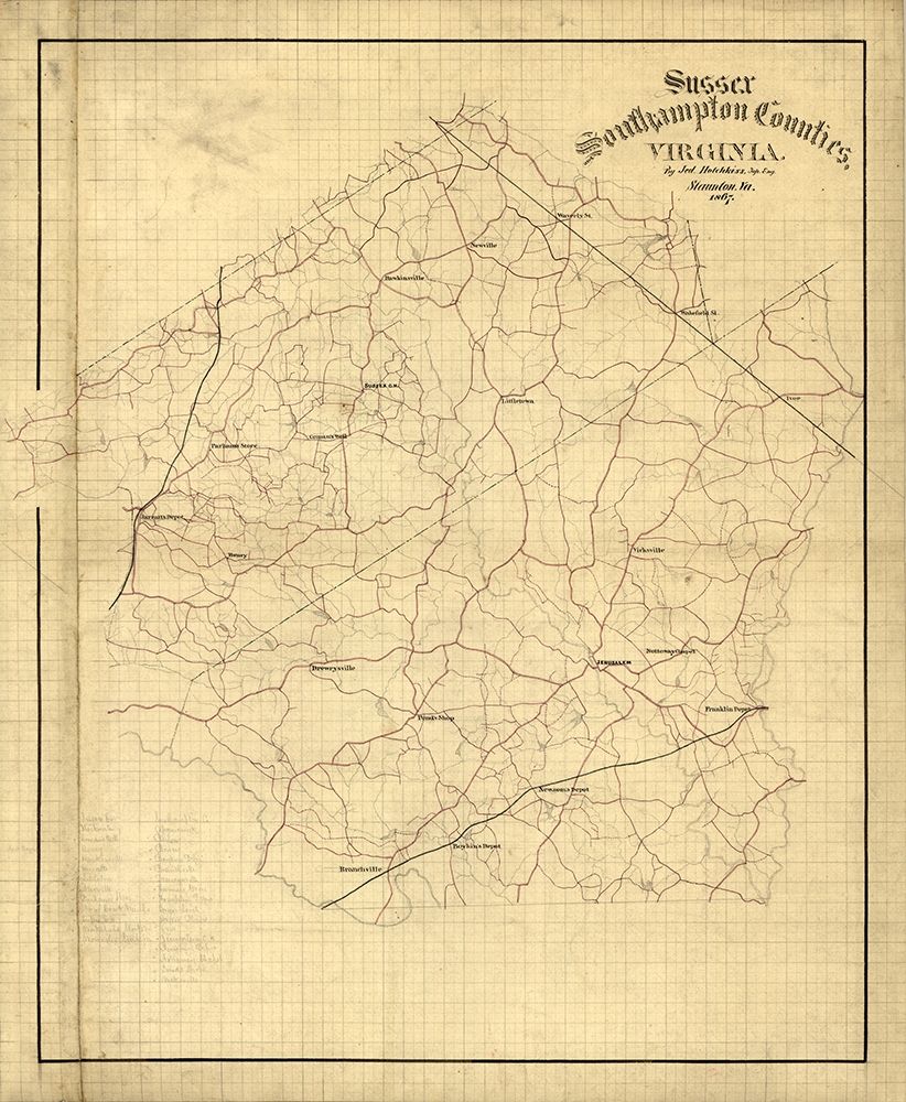 Sussex County Virginia - Hotchkiss 1867 art print by Hotchkiss for $57.95 CAD