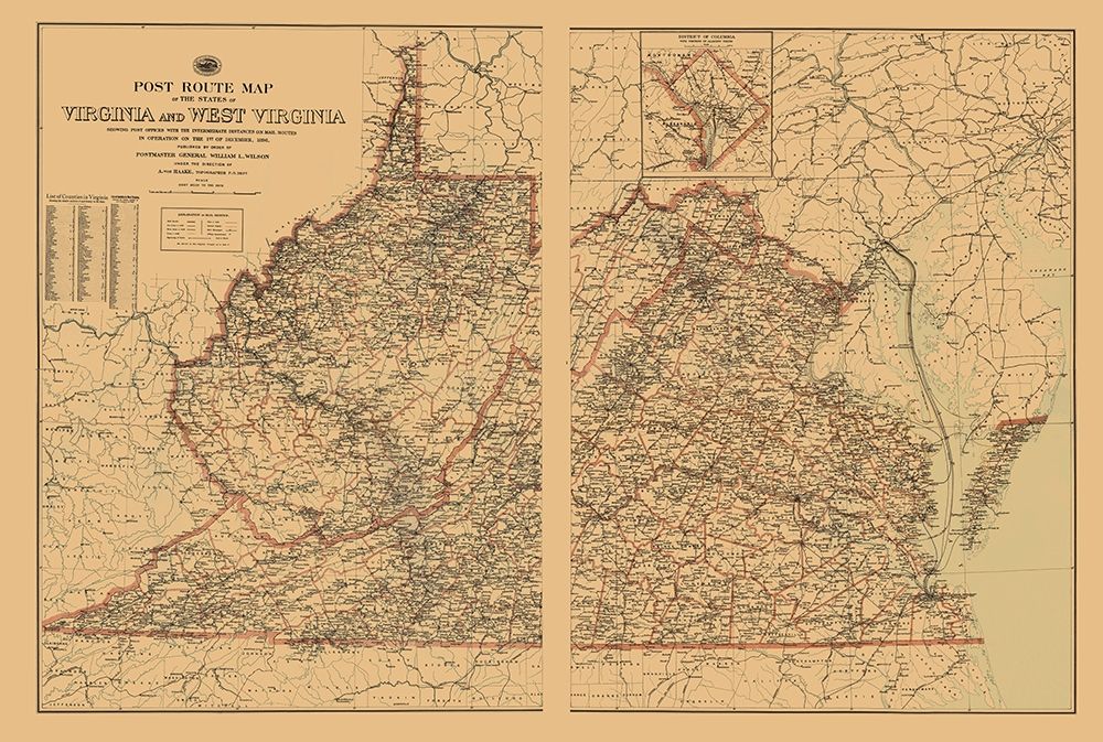 Virginia, West Virginia Postal Routes - USPS 1896 art print by USPS for $57.95 CAD