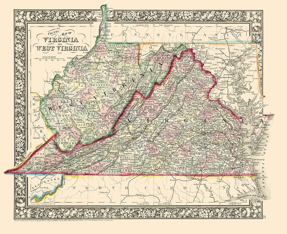 Virginia, West Virginia Counties - Mitchell 1863 art print by Mitchell for $57.95 CAD