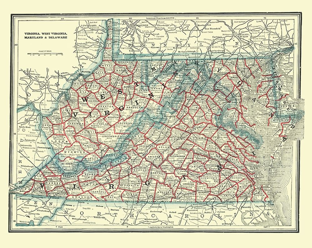 Virginia, West Virginia, Maryland, Delaware 1893 art print by Rathbun for $57.95 CAD