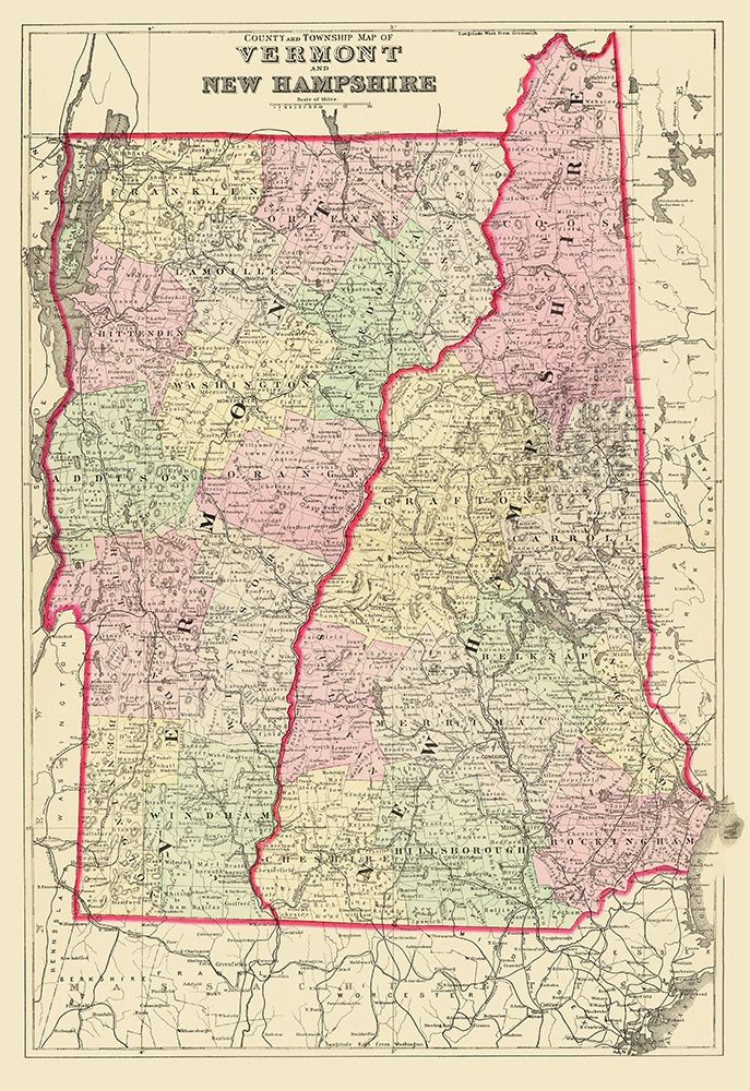 Vermont, New Hampshire - Bradley 1882 art print by Bradley for $57.95 CAD