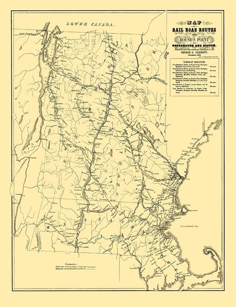 Portsmouth and Boston Railroad Routes 1848 art print by Parrott for $57.95 CAD