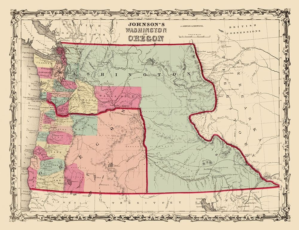 Washington, Oregon - Johnson 1860 art print by Johnson for $57.95 CAD