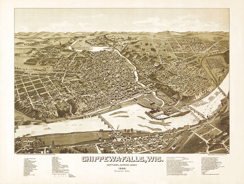 Chippewa Falls Wisconsin - Norris 1886 art print by Norris for $57.95 CAD