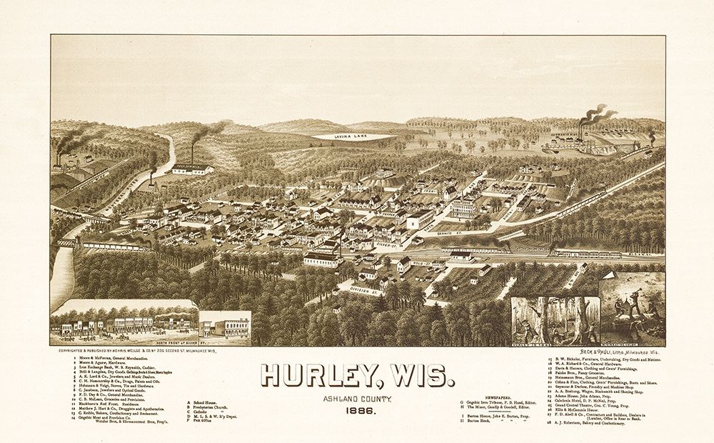 Hurley Wisconsin - Norris 1886 art print by Norris for $57.95 CAD