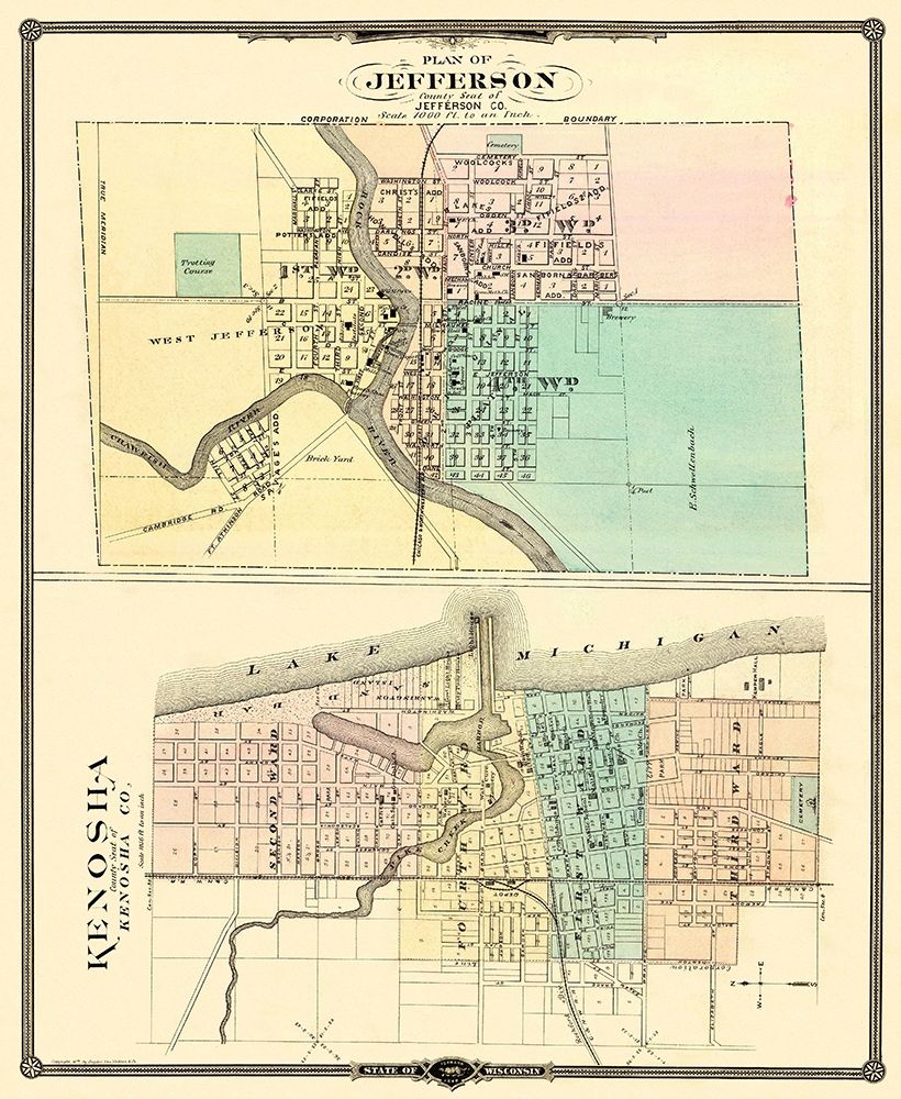 Kenosha, Jefferson Wisconsin - Snyder 1878 art print by Snyder for $57.95 CAD