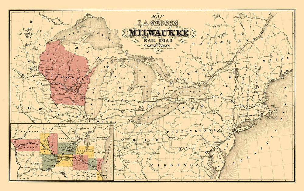 La Crosse and Milwaukee Railroad - Colton 1855 art print by Colton for $57.95 CAD