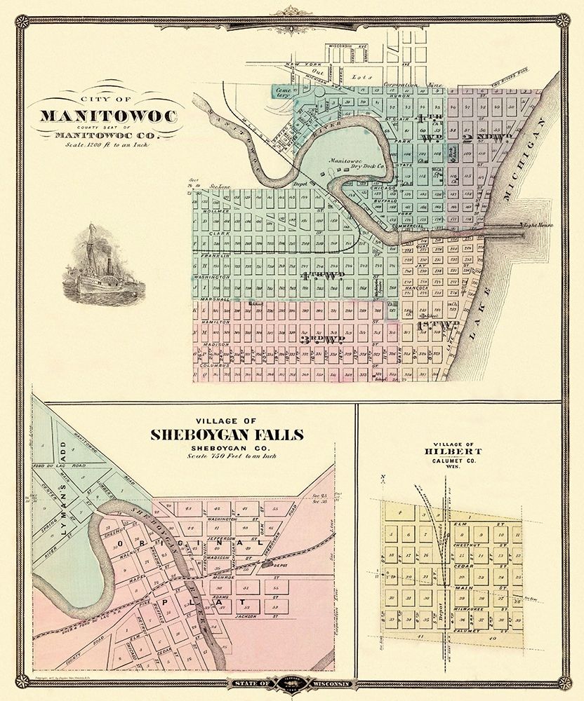 Manitowoc, Sheboygan Falls Wisconsin - Snyder 1878 art print by Snyder for $57.95 CAD