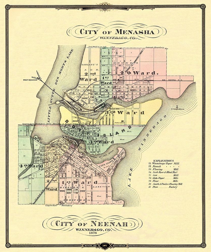 Menasha, Neenah Wisconsin - Snyder 1878 art print by Snyder for $57.95 CAD