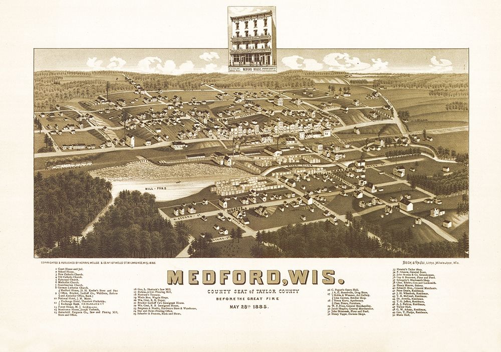 Medford Wisconsin - Norris 1885 art print by Norris for $57.95 CAD