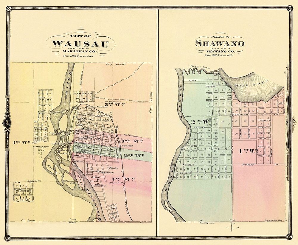 Wausau, Shawano Wisconsin - Snyder 1878 art print by Snyder for $57.95 CAD