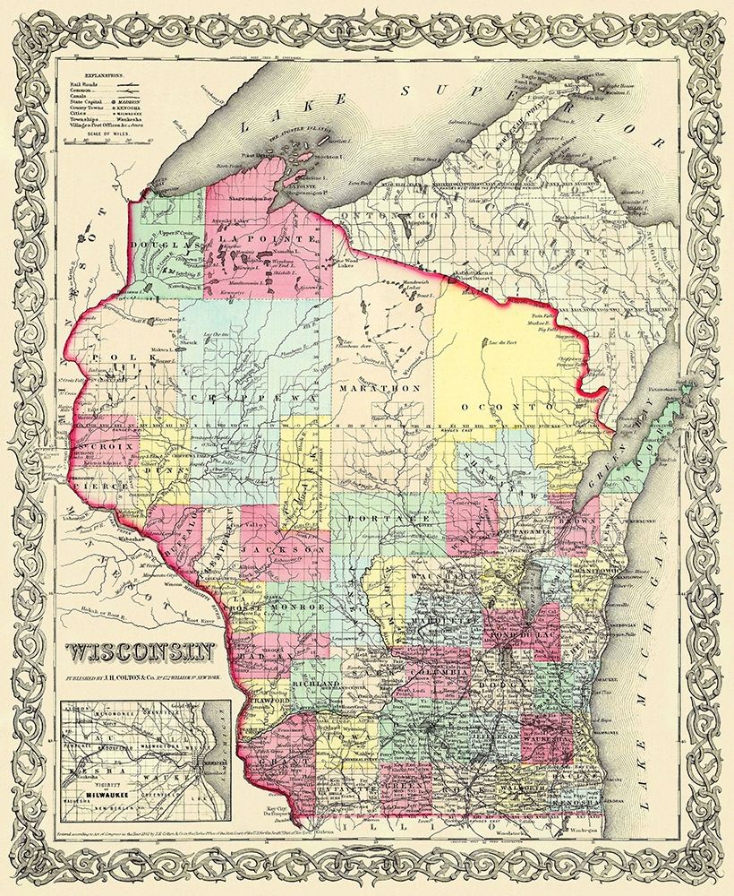 Wisconsin - Colton 1855 art print by Colton for $57.95 CAD