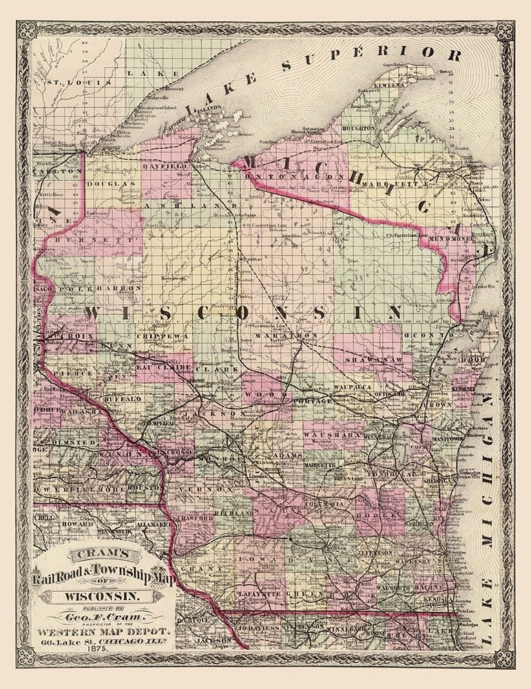 Wisconsin Railroads and Townships - Cram 1875 art print by Cram for $57.95 CAD