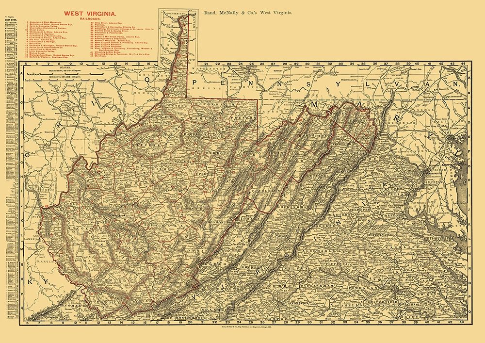 West Virginia Railroads - Rand McNally 1898 art print by Rand McNally for $57.95 CAD