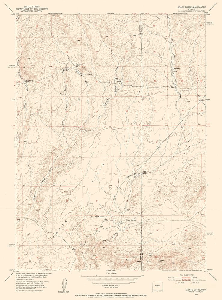 Agate Butte Wyoming Quad - USGS 1952 art print by USGS for $57.95 CAD