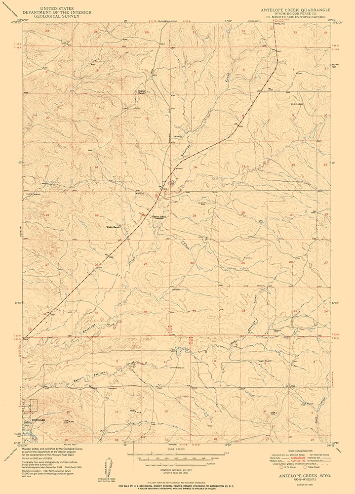 Antelope Creek Wyoming Quad - USGS 1950 art print by USGS for $57.95 CAD