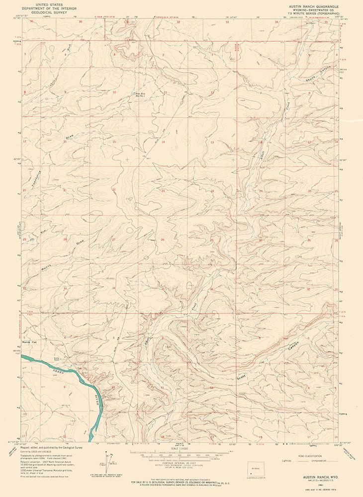 Austin Ranch Wyoming Quad - USGS 1961 art print by USGS for $57.95 CAD