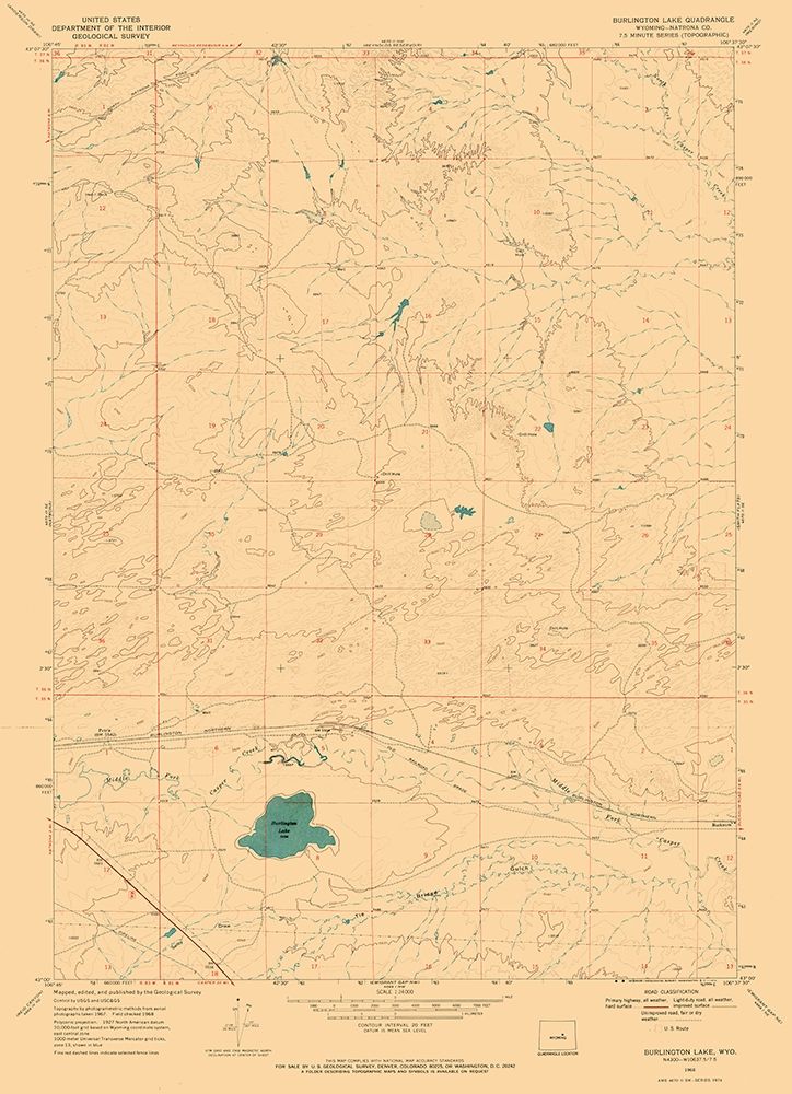 Burlington Lake Wyoming Quad - USGS 1968 art print by USGS for $57.95 CAD