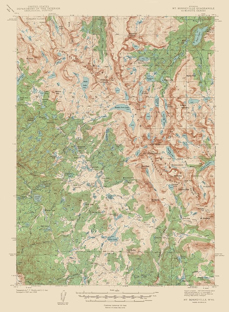 Mt Bonneville Wyoming Quad - USGS 1938 art print by USGS for $57.95 CAD