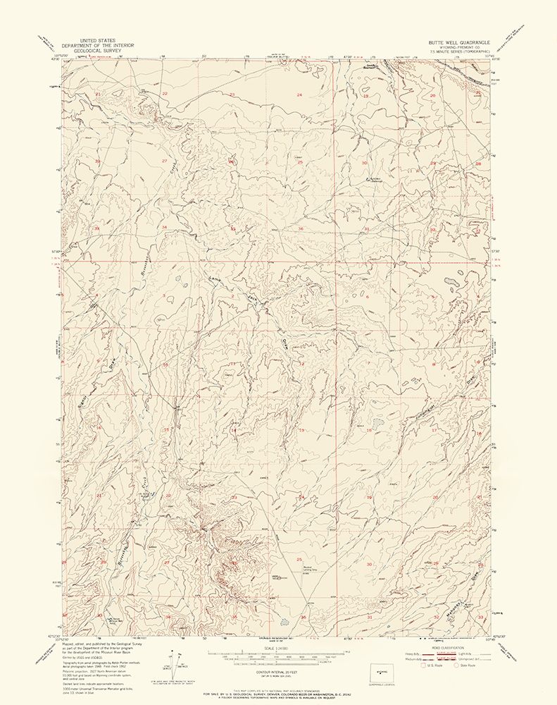 Butte Well Wyoming Quad - USGS 1952 art print by USGS for $57.95 CAD