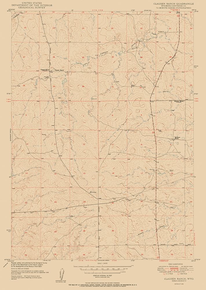 Clausen Ranch Wyoming Quad - USGS 1950 art print by USGS for $57.95 CAD