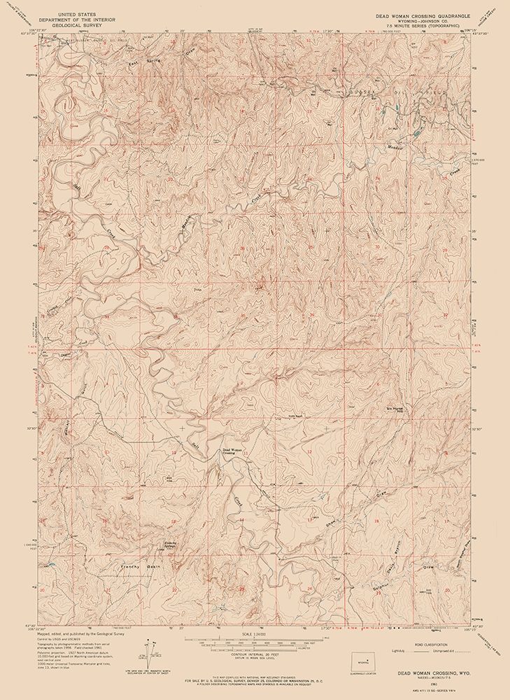 Dead Woman Crossing Wyoming Quad - USGS 1961 art print by USGS for $57.95 CAD
