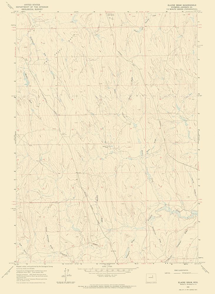 Elaine Draw Wyoming Quad - USGS 1961 art print by USGS for $57.95 CAD