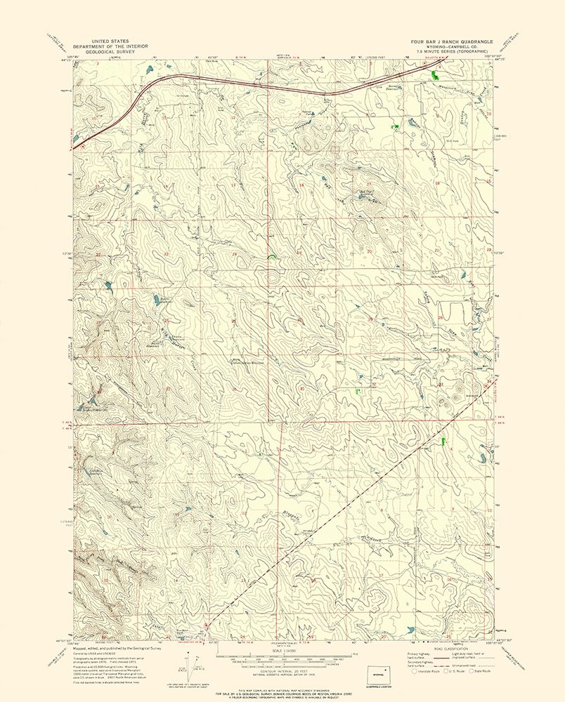 Four Bar Ranch Wyoming Quad - USGS 1971 art print by USGS for $57.95 CAD