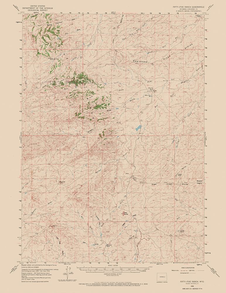 Fifty Five Ranch Wyoming Quad - USGS 1959 art print by USGS for $57.95 CAD