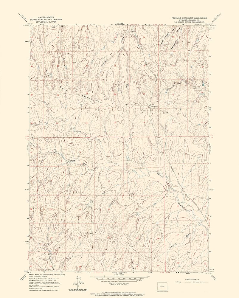 Fourmile Reservoir Wyoming Quad - USGS 1961 art print by USGS for $57.95 CAD