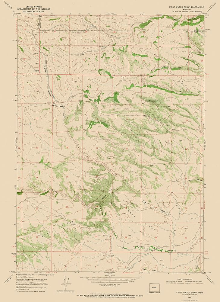First Water Draw Wyoming Quad - USGS 1968 art print by USGS for $57.95 CAD
