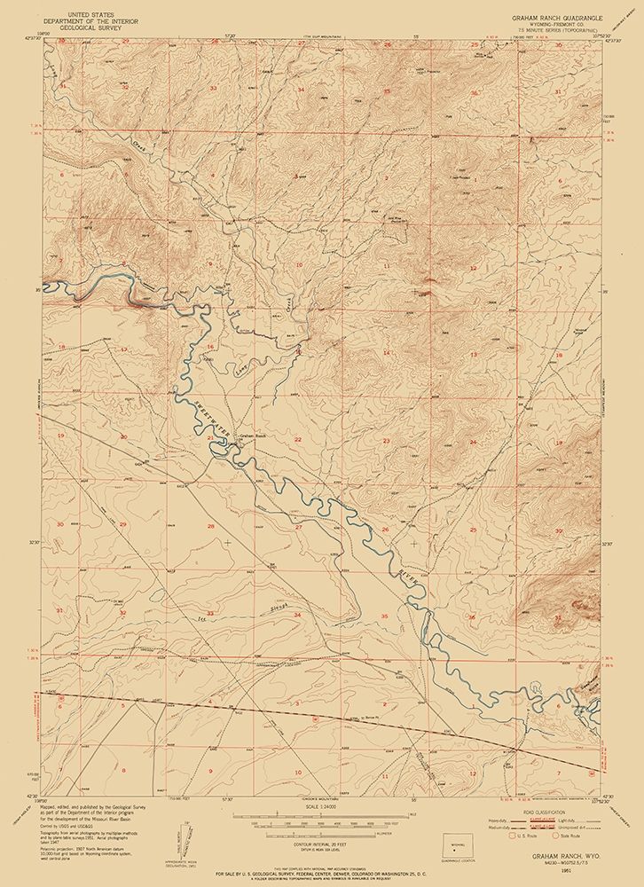 Graham Ranch Wyoming Quad - USGS 1951 art print by USGS for $57.95 CAD