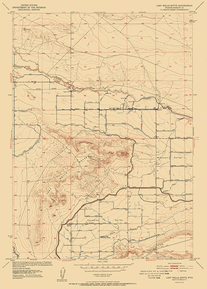 Lost Wells Butte Wyoming Quad - USGS 1952 art print by USGS for $57.95 CAD