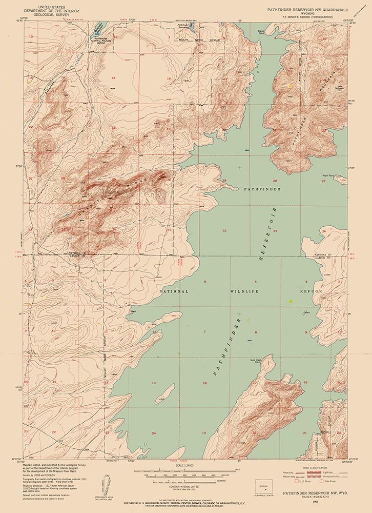 Pathfinder Reservoir Wyoming Quad - USGS 1951 art print by USGS for $57.95 CAD