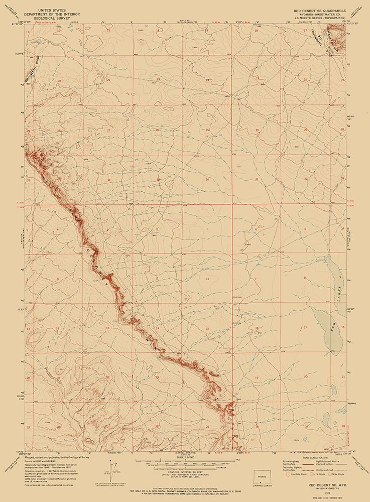 South East Red Desert Wyoming Quad - USGS 1970 art print by USGS for $57.95 CAD