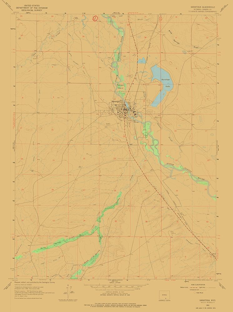 Saratoga Wyoming Quad - USGS 1961 art print by USGS for $57.95 CAD