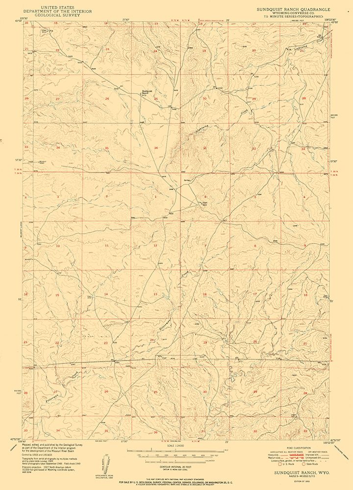 Sundquist Ranch Wyoming Quad - USGS 1950 art print by USGS for $57.95 CAD