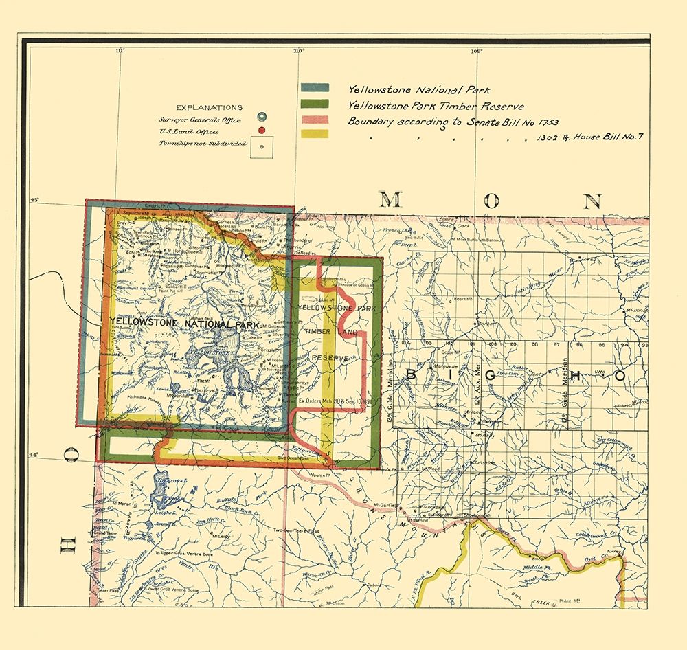 Yellowstone National Park Boundaries - 1895 art print by Unknown for $57.95 CAD