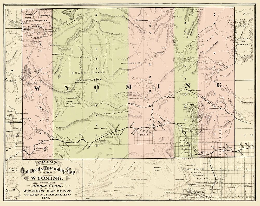 Wyoming Railroads and Townships - Cram 1875 art print by Cram for $57.95 CAD